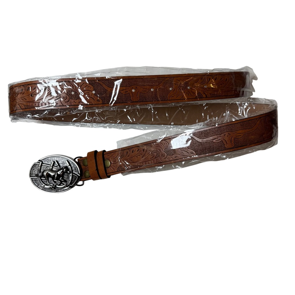 New Brown Faux Leather Western Horse Buckle Floral Embossed Belt 46 Inch
